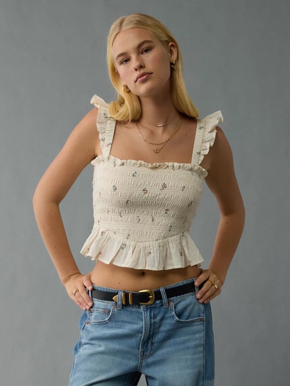 American Eagle Floral Ruffle Bella Smocked Crop Tank